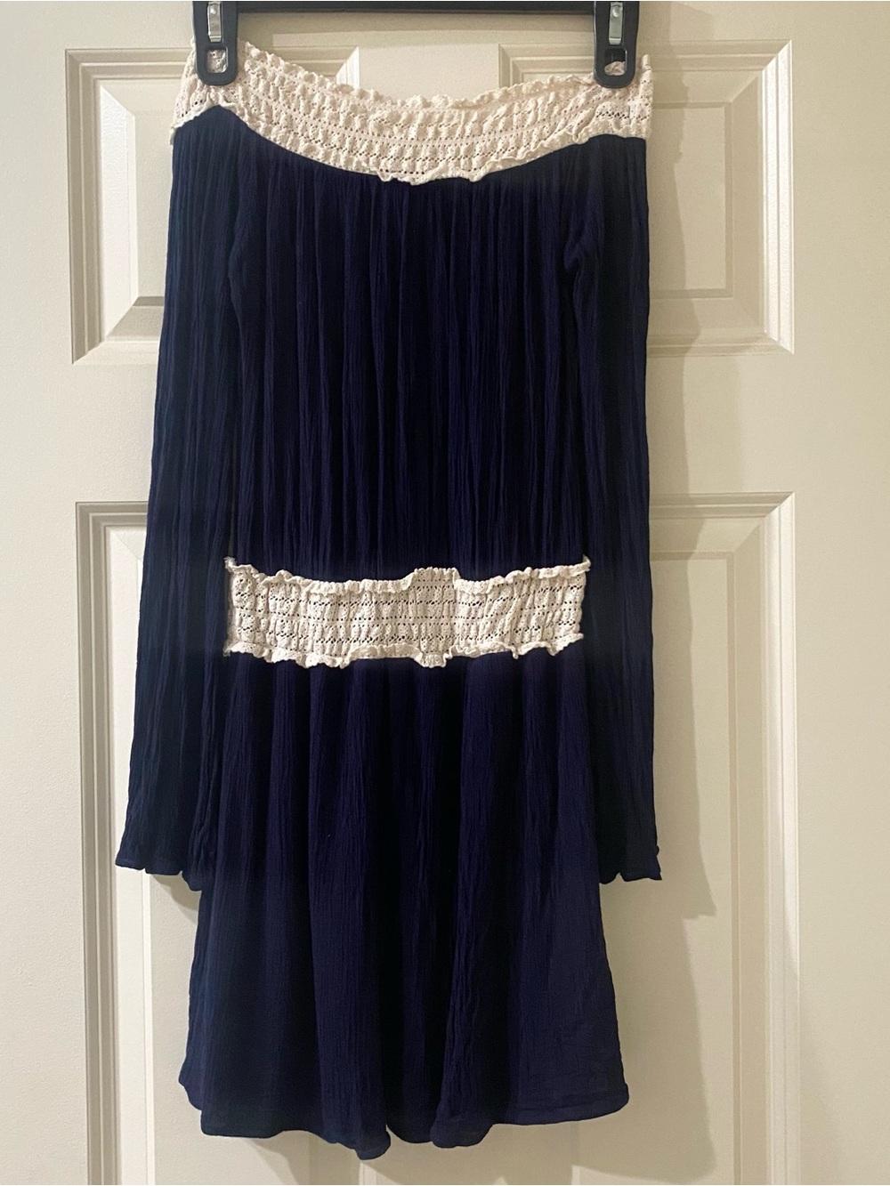 Sage off the shoulder Navy Long-Sleeve Dress with Cream Crochet Trim